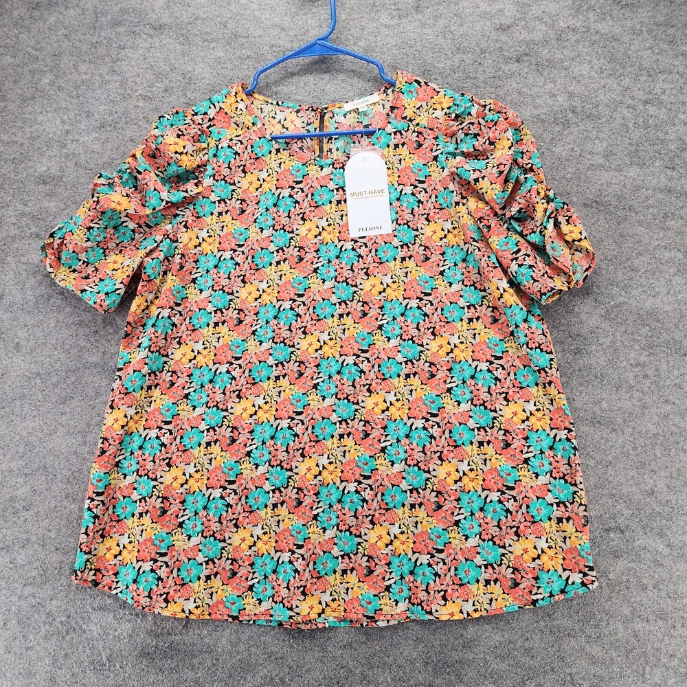Pleione Blouse Womens XL Short Sleeve Pink Green Floral